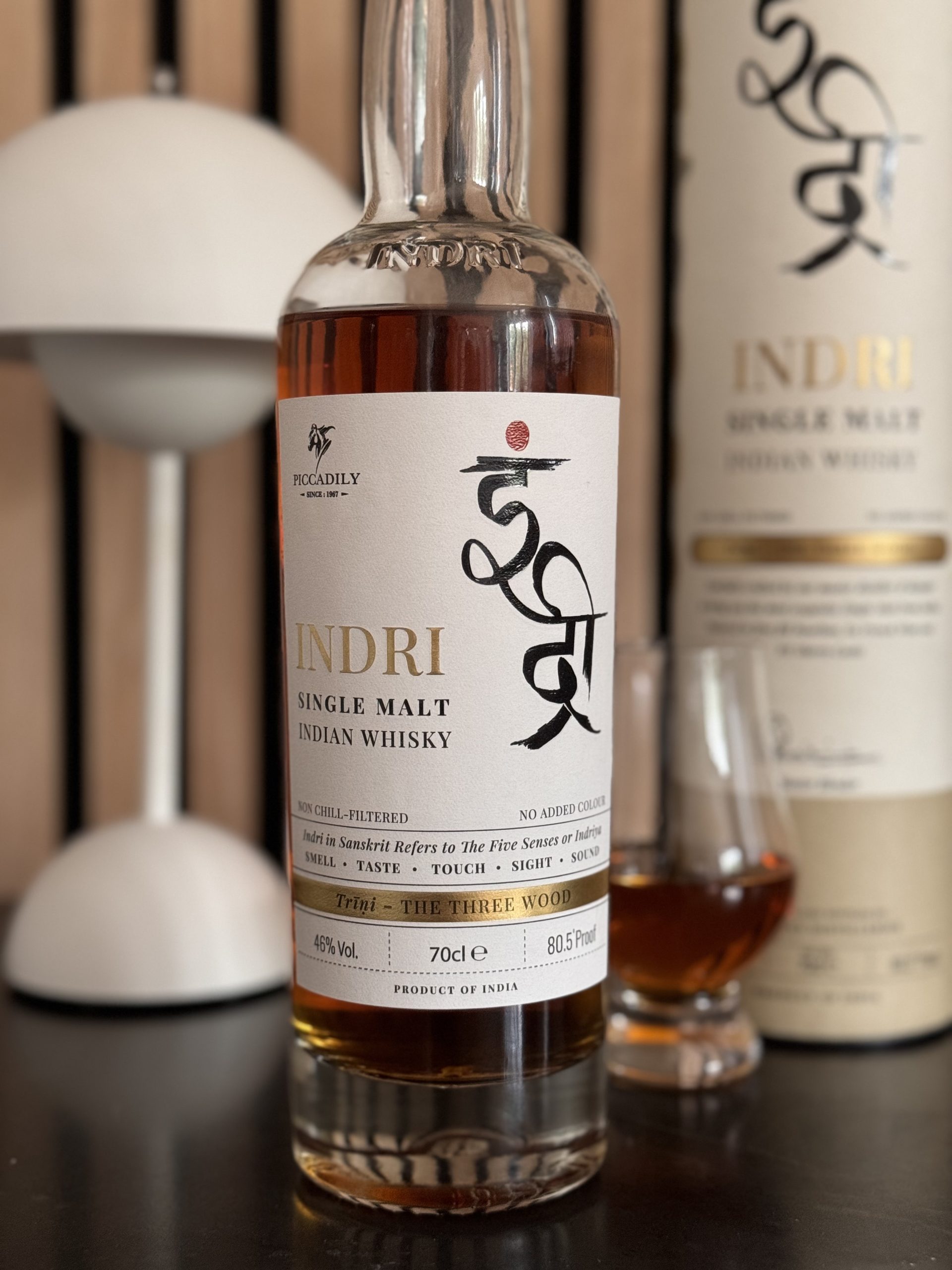 Indri Trini The Three Wood 46% 70cl with box and Glencairn glass, Indian single malt whisky