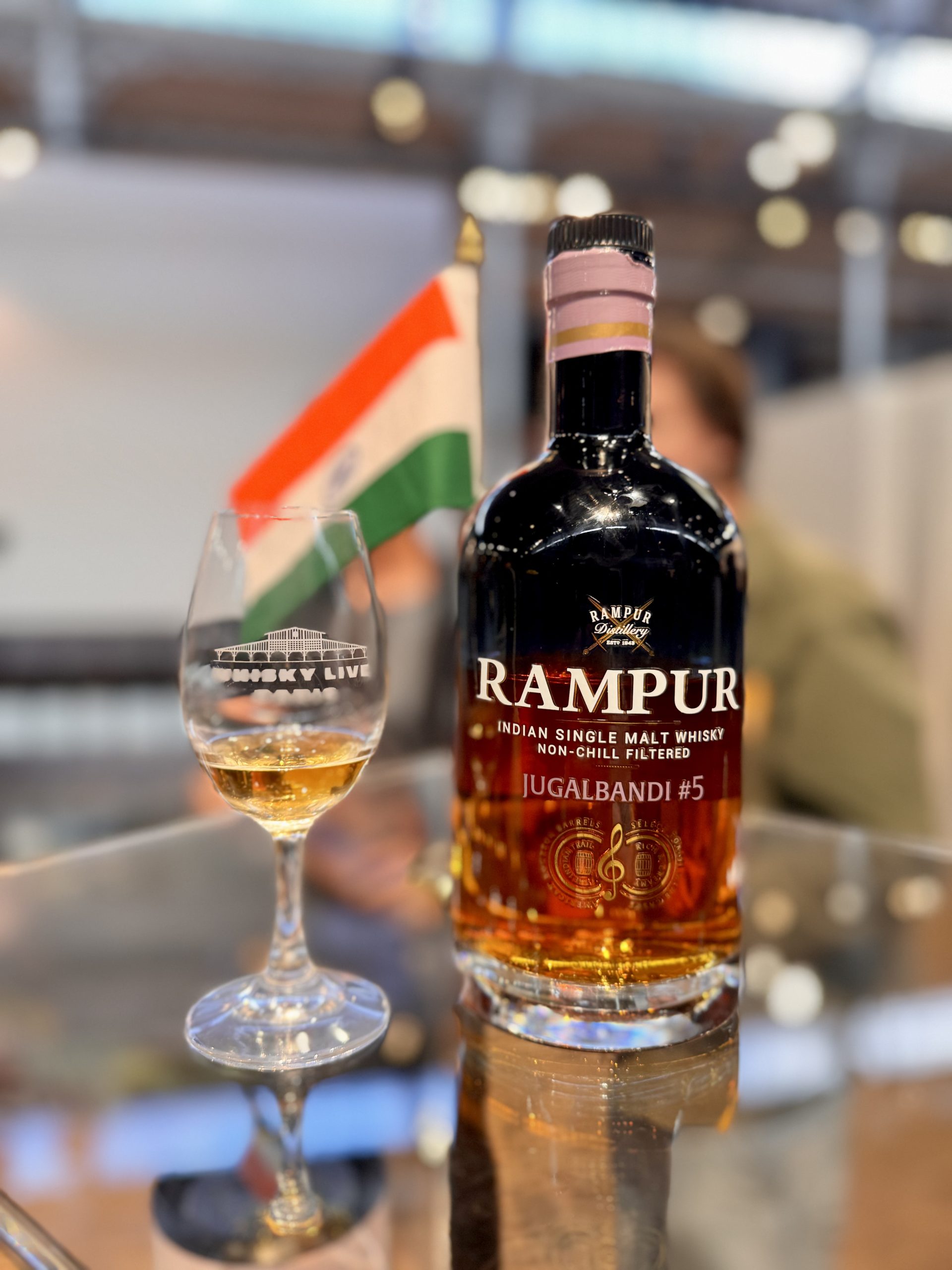 Rampur Jugalbandi #5 bottle and glass at Whisky Live Paris, Indian single malt whisky