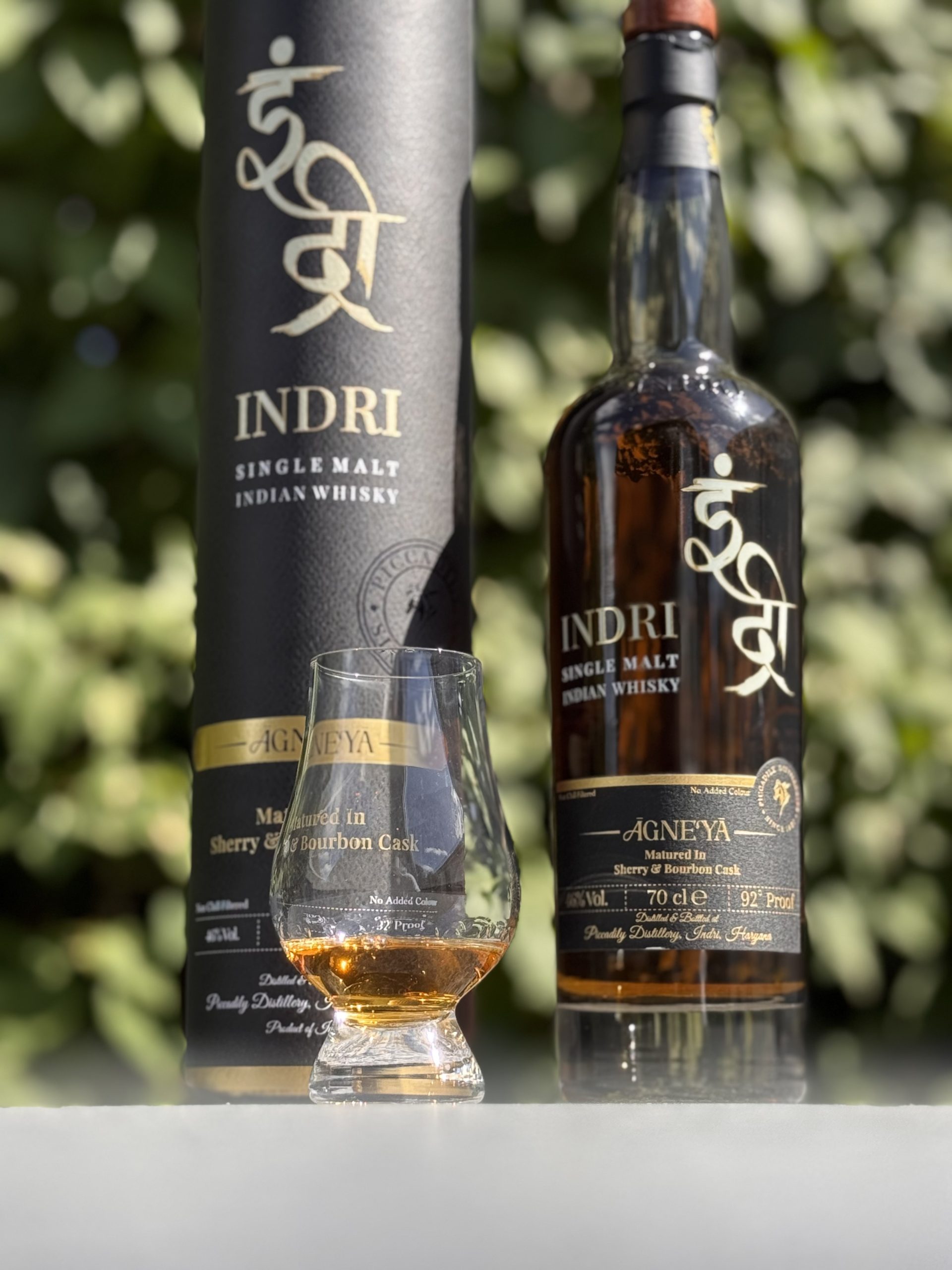 Indri Agneya sherry and bourbon cask 46% 70cl with box and Glencairn glass, Indian single malt whisky