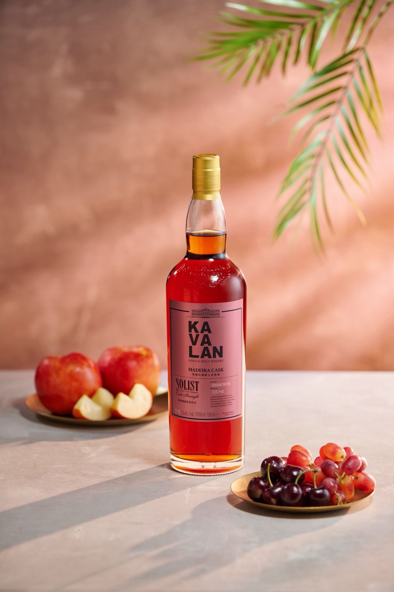 Kavalan Solist Madeira Cask bottle with apples and grapes, first-fill Madeira wine cask whisky