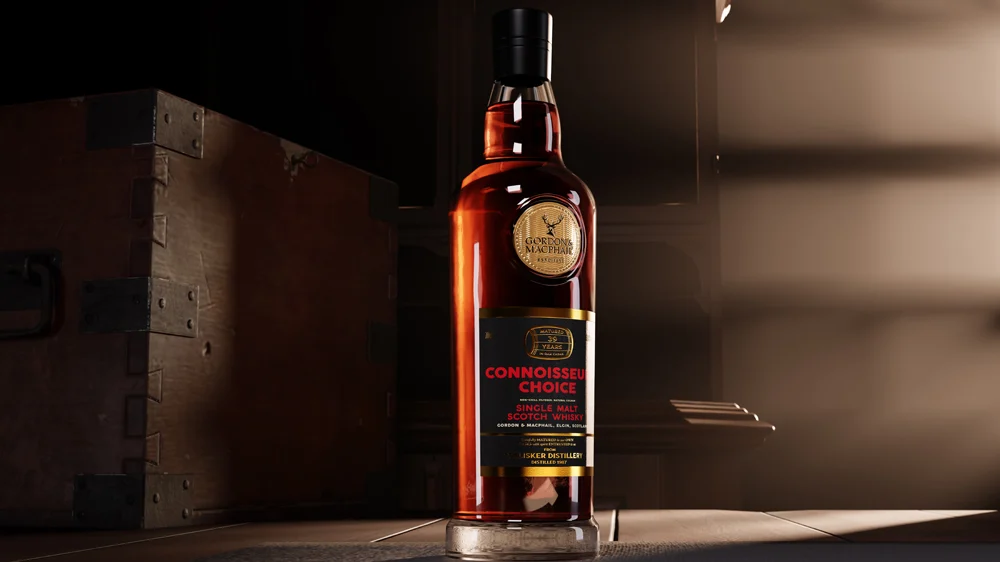 Gordon & MacPhail Talisker 1987 bottle, black Connoisseurs Choice Heritage label, 39 year old single malt beside a wooden cask crate