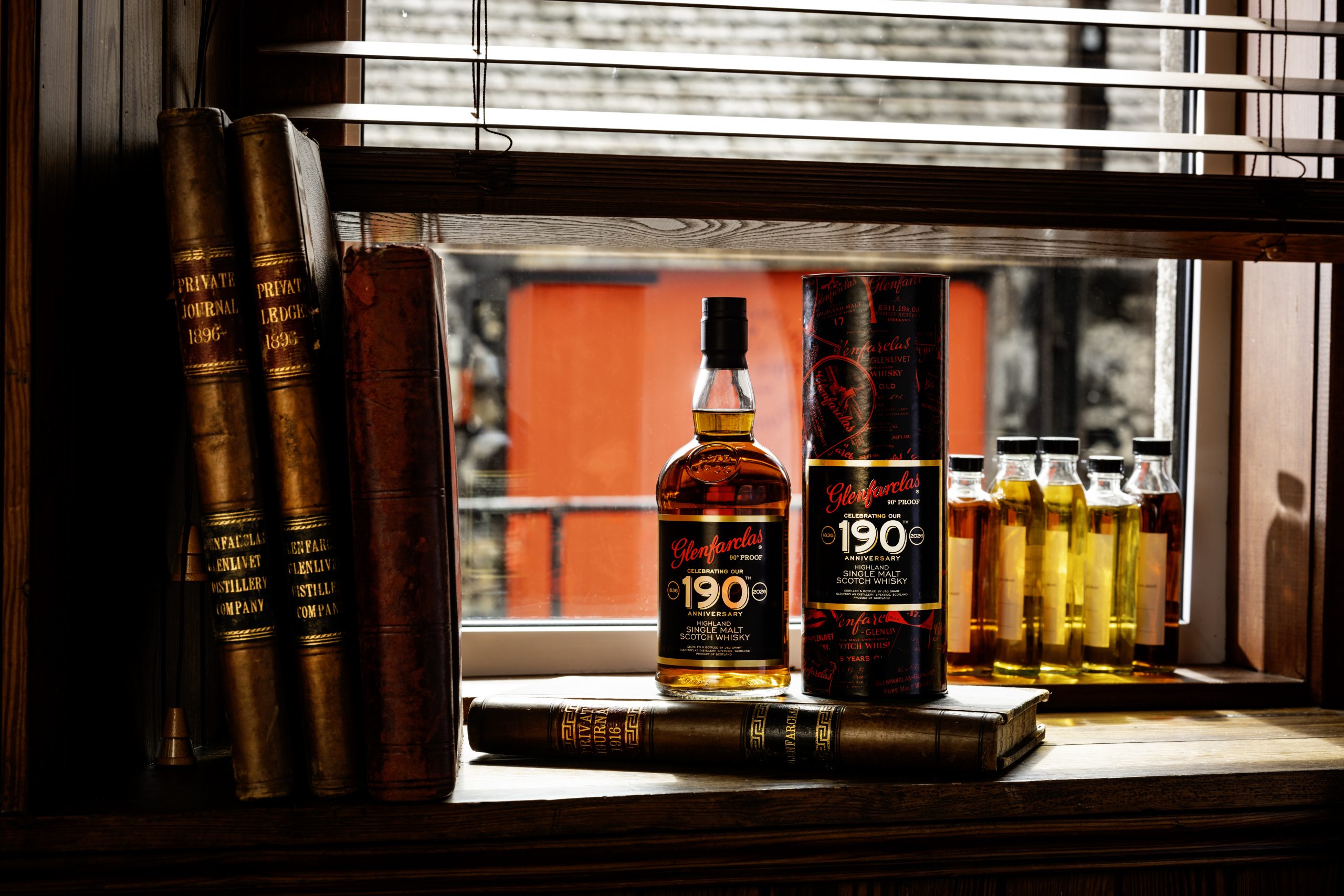 Glenfarclas 190 bottle and tin tube with 1896 distillery journals, anniversary release 2026