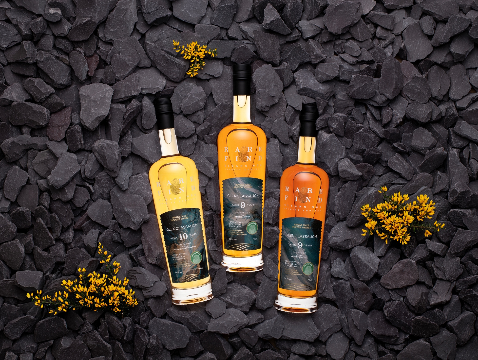 The Glenglassaugh Collection by Rare Find, three single cask Scotch whisky bottles, Gleann Mòr Spirits 2026
