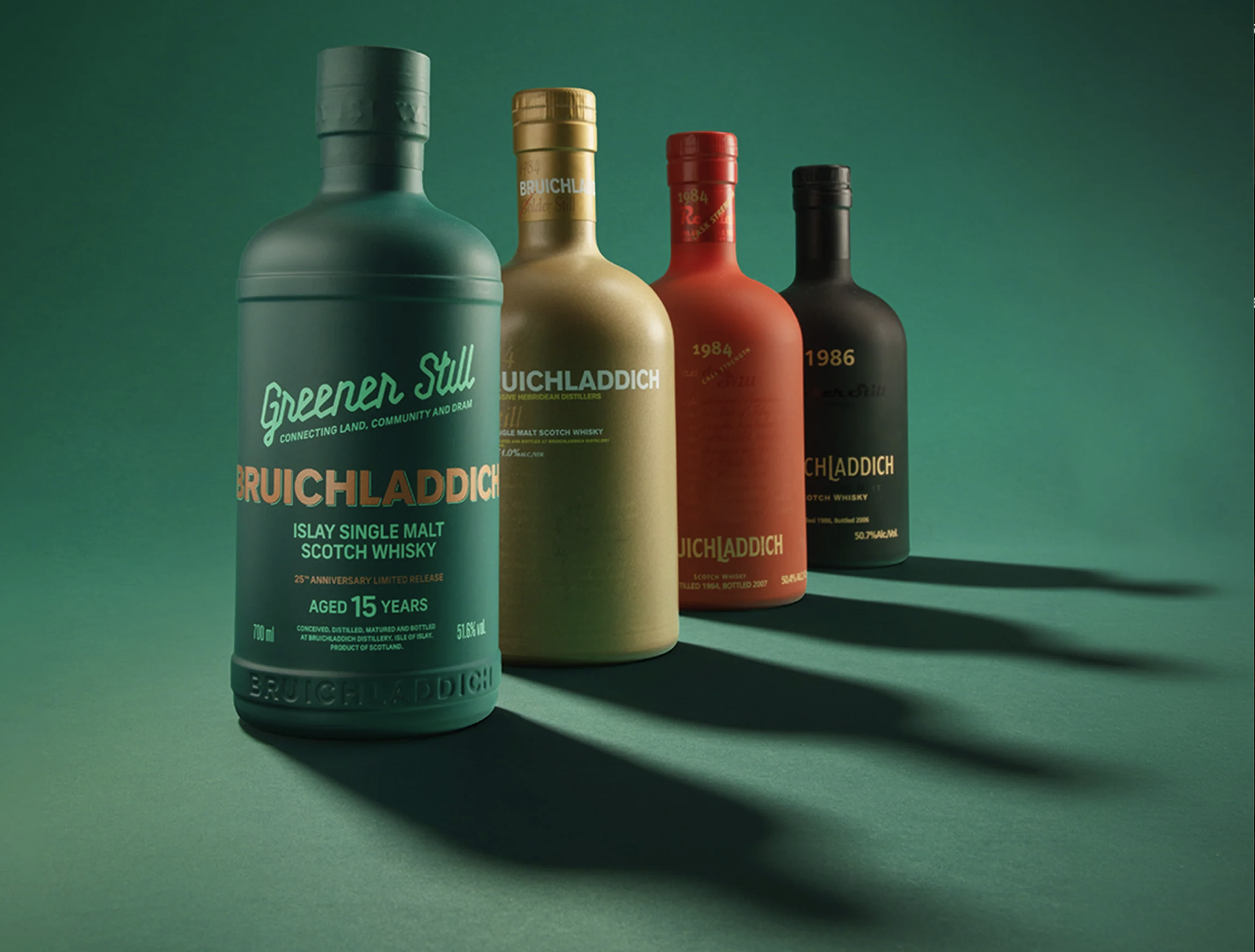 Bruichladdich Greener Still beside the original Still Series bottles, Golder Redder and Blacker Still, Islay 2026