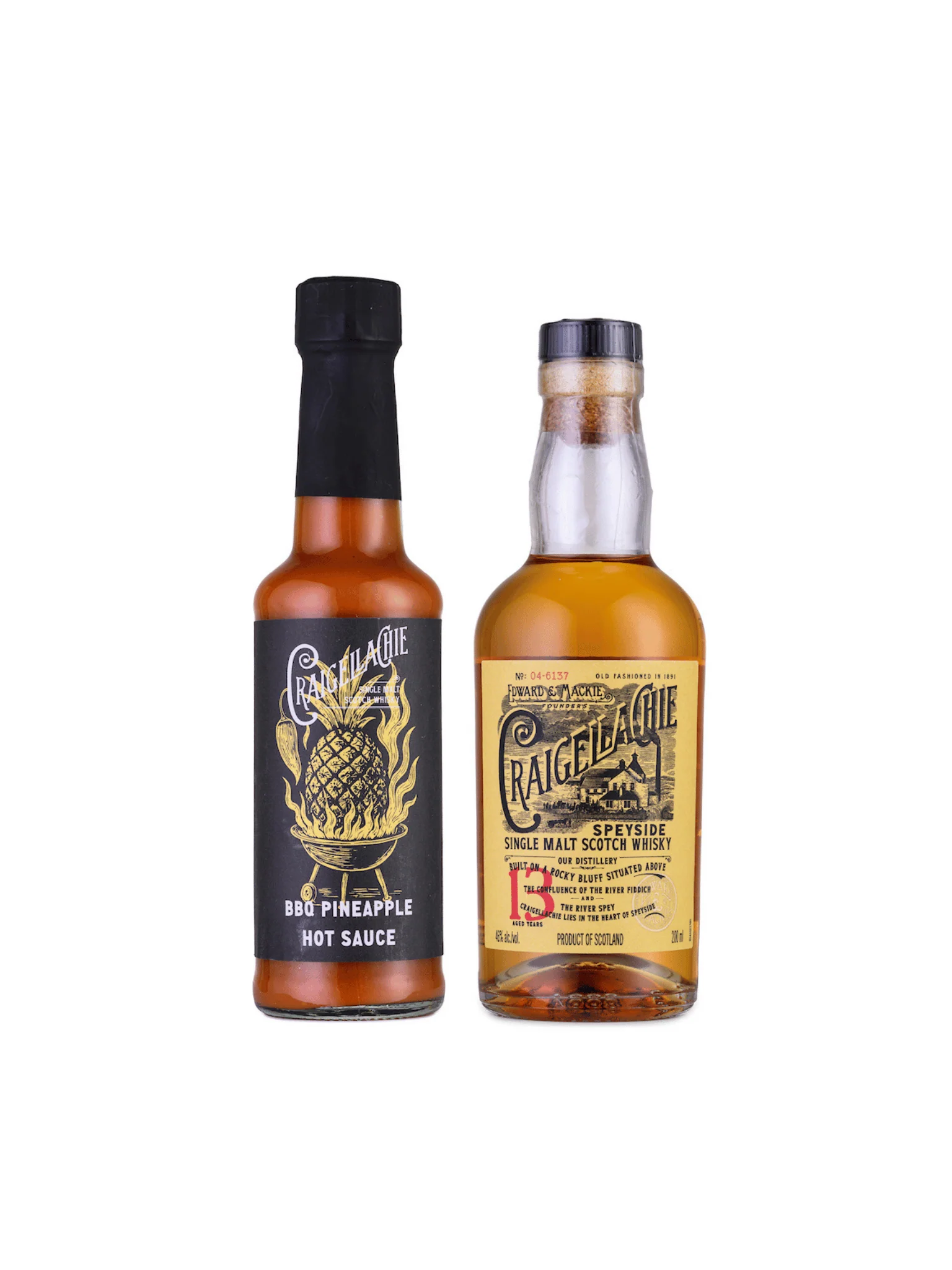 Craigellachie Whisky Hot Sauce Set, 150ml BBQ pineapple hot sauce beside a 20cl Craigellachie 13 Year Old Speyside single malt at 46% ABV