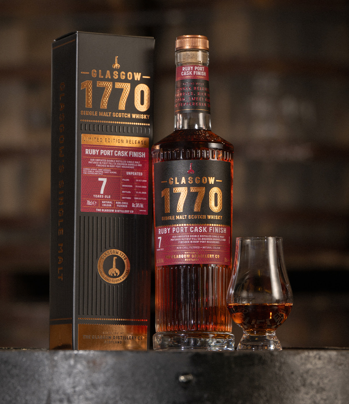 Glasgow 1770 Ruby Port Cask Finish 70cl bottle and box, 2026 limited edition Batch 2, The Glasgow Distillery