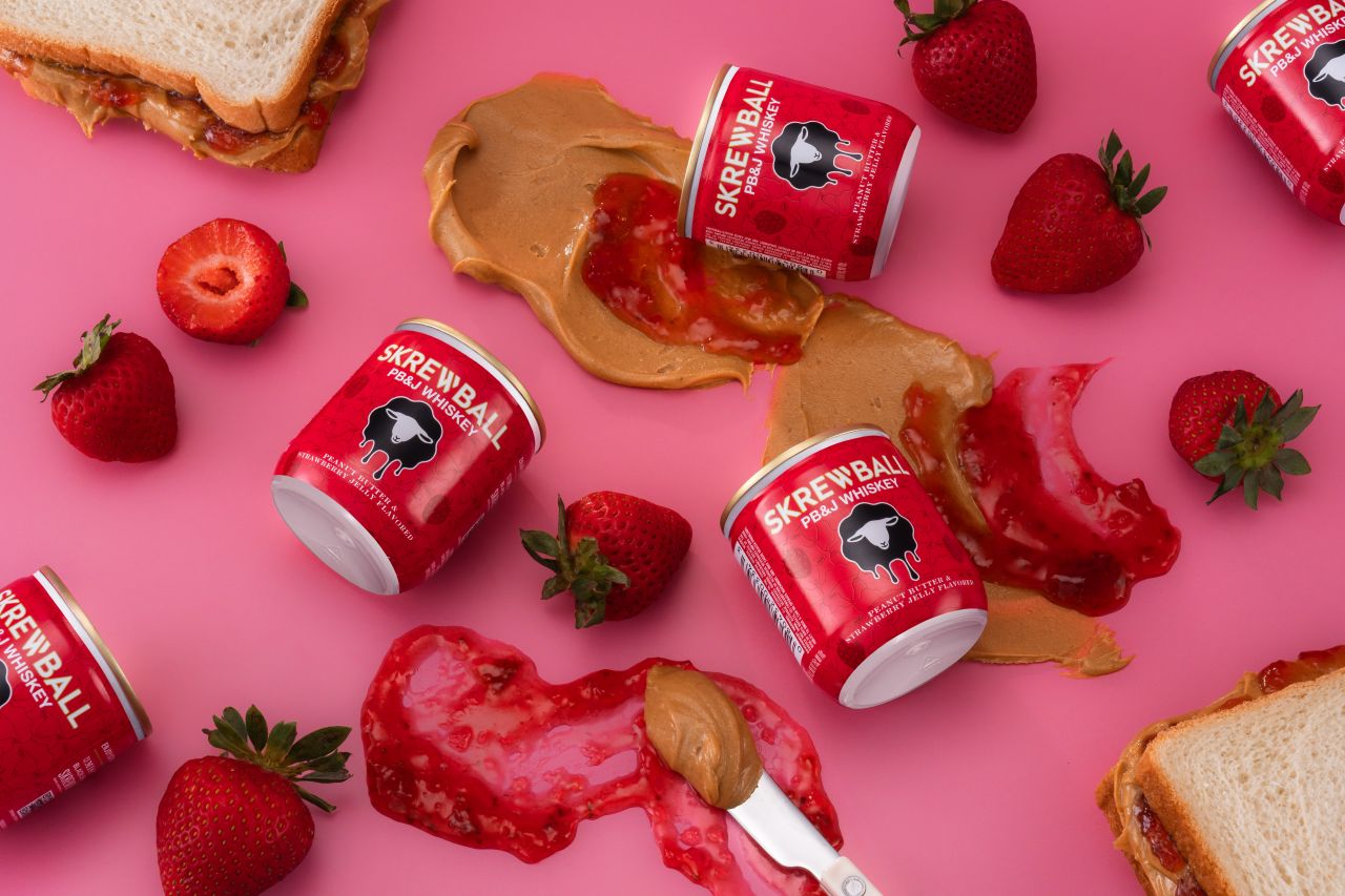 Skrewball PB&J Whiskey 100ml cans with strawberries and peanut butter, 2026 US launch