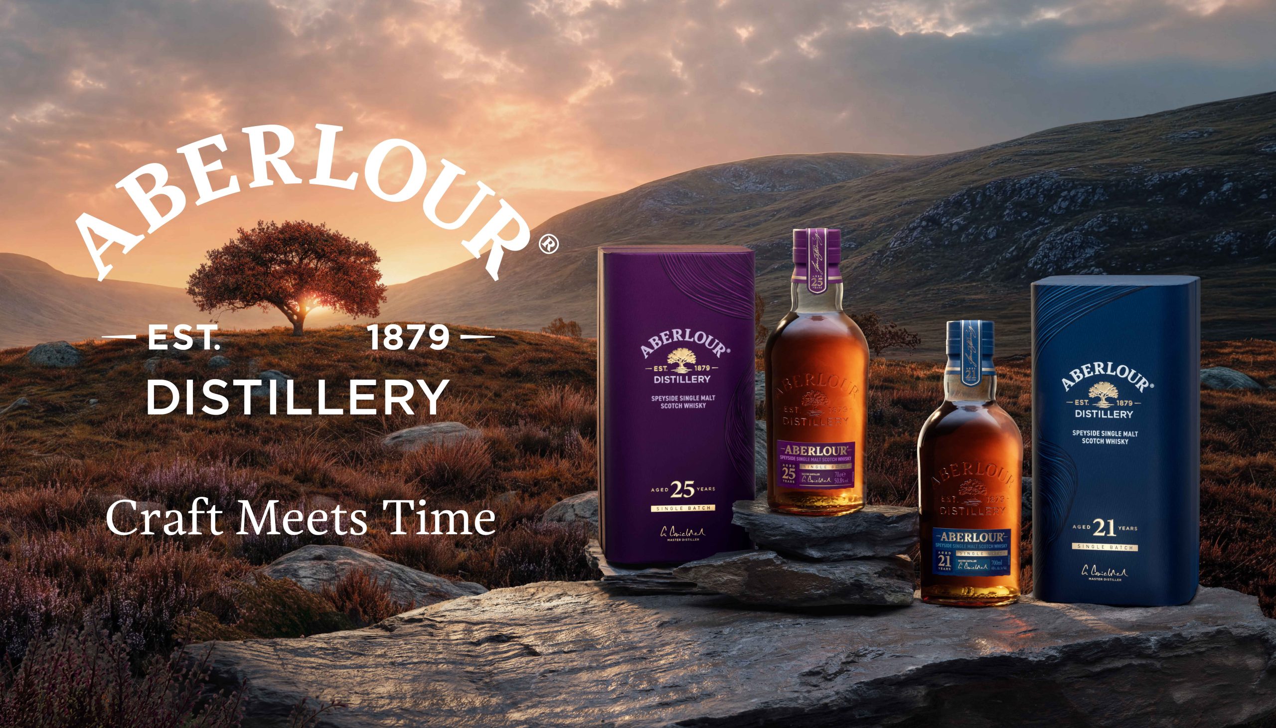 Aberlour 25 Year Old in purple box and 21 Year Old in blue box, Speyside single malt Scotch whisky