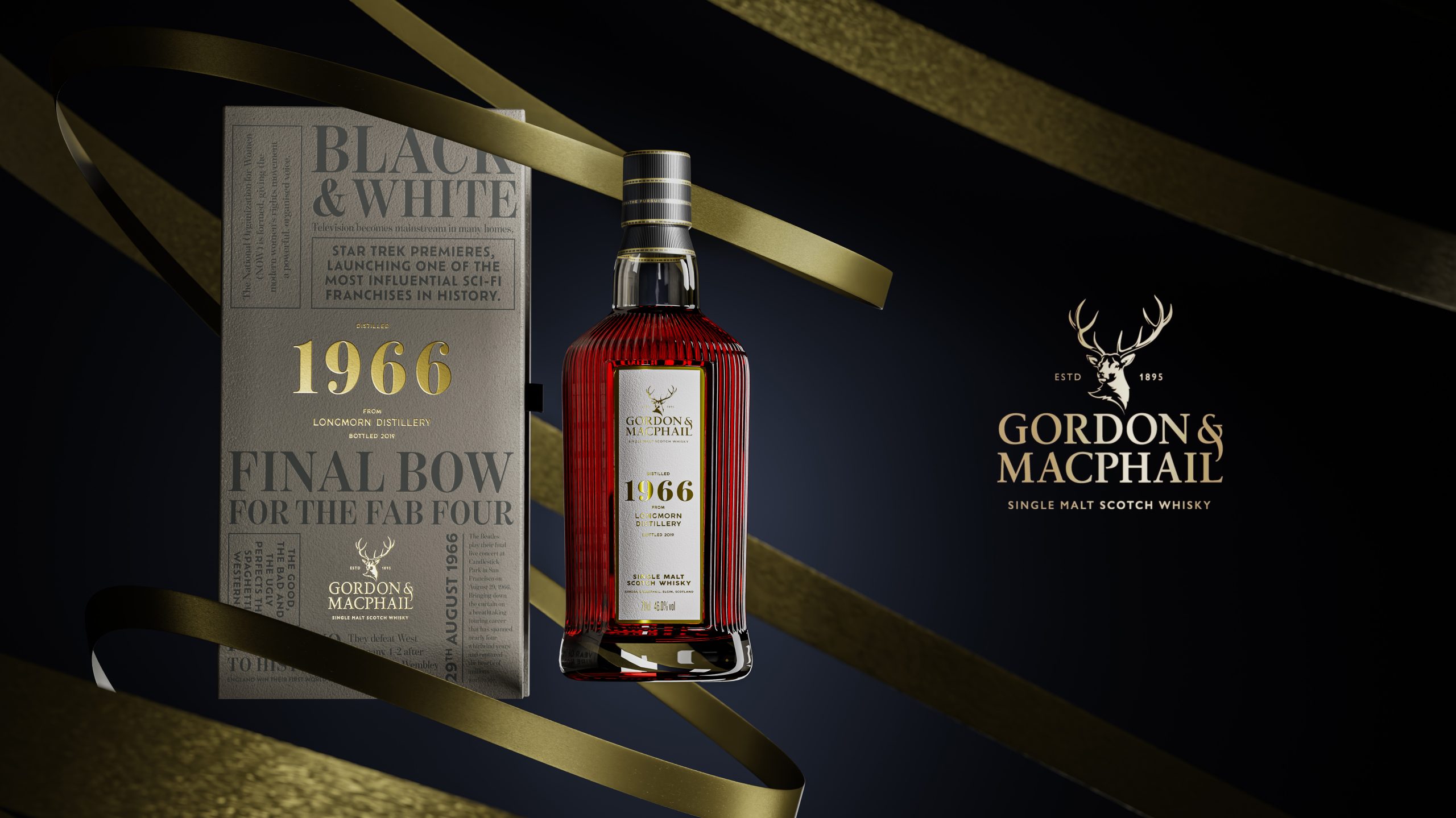 Gordon & MacPhail Anniversary Releases 1966 Longmorn 70cl bottle and grey newspaper-style gift box, single cask Speyside single malt