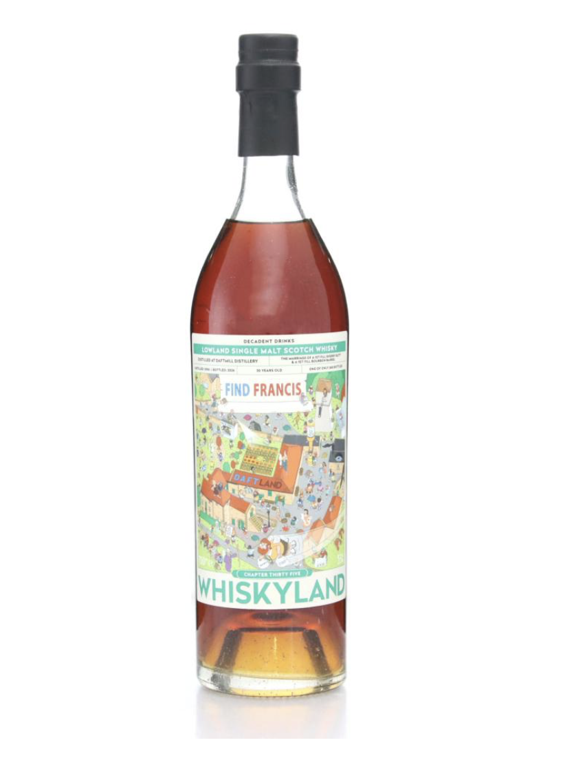 Whiskyland Chapter Thirty-Five Daftmill 20 year old 70cl bottle, Decadent Drinks Lowland single malt with Find Francis label