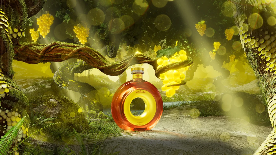 The Macallan TIME : SPACE Sherry Cask circular decanter among Palomino grapevines in a sunlit forest, 20 Year Old single malt, 2026 release