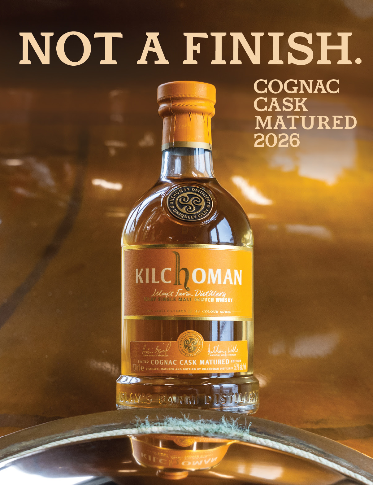 Kilchoman Cognac Cask Matured 2026 bottle on a cask, Not A Finish full-term maturation, Islay single malt