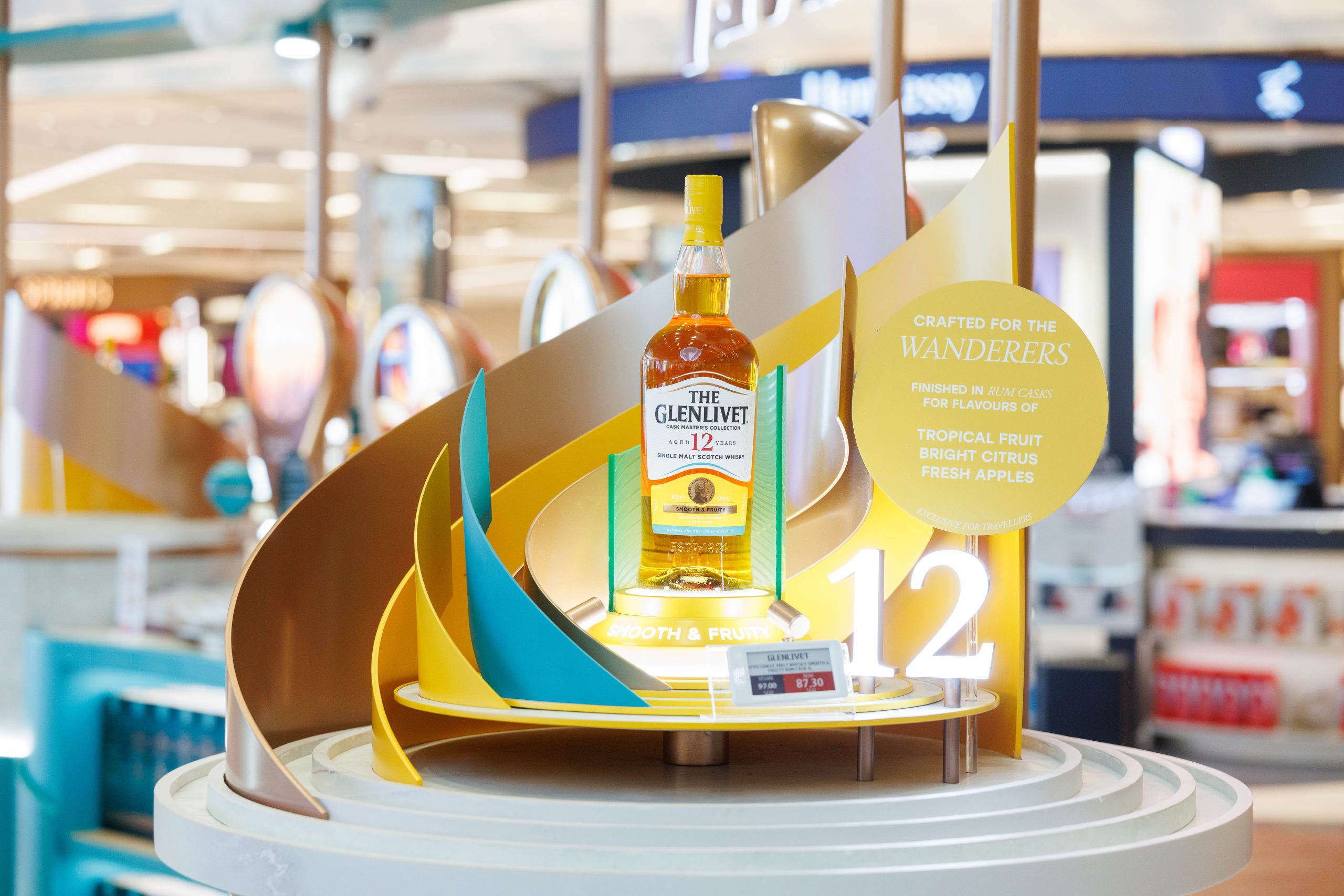 The Glenlivet 12 Year Old rum cask bottle on display at the Changi Airport pop-up, travel retail launch October 2026