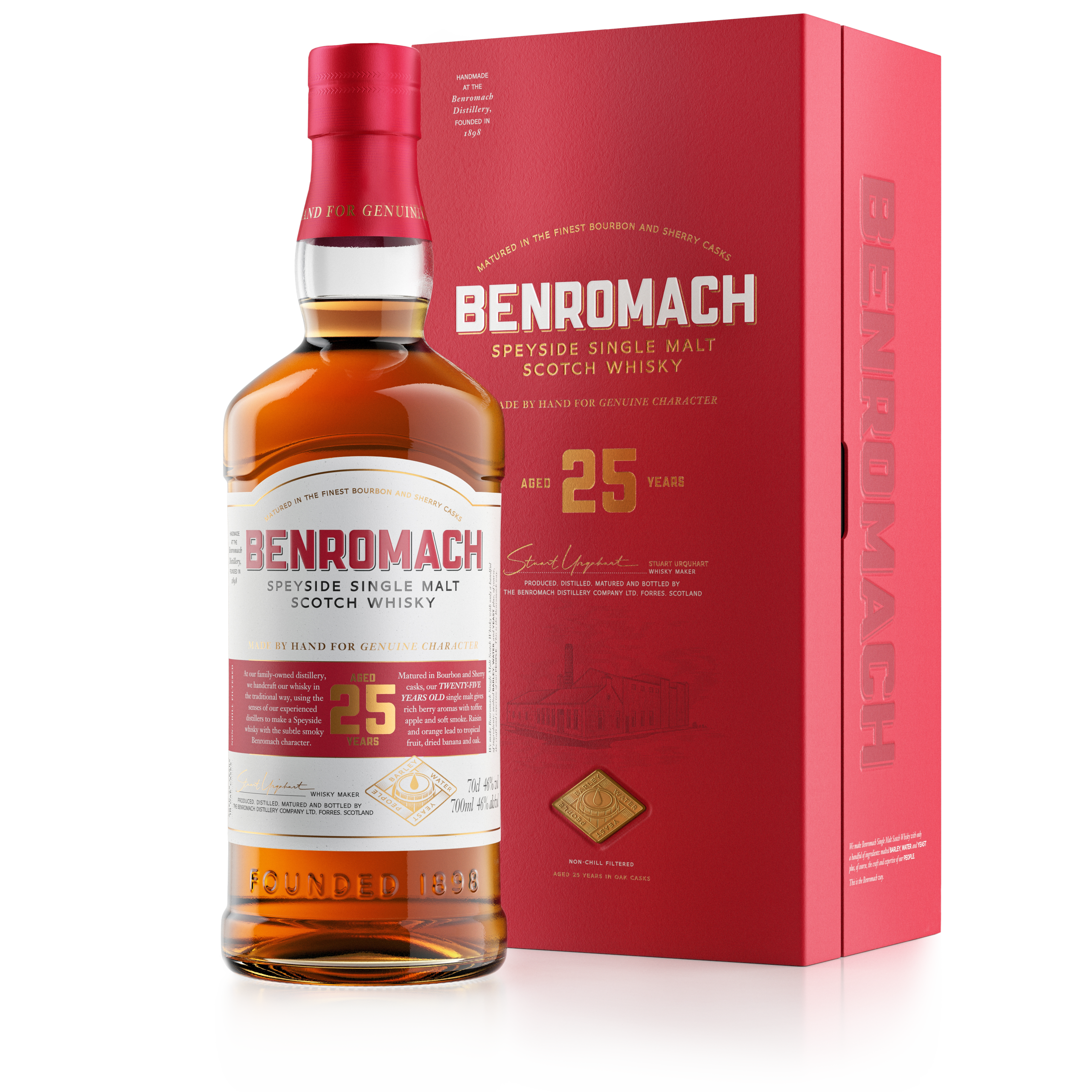 Benromach 25 Years Old in open black and red presentation box, Speyside single malt whisky 2026