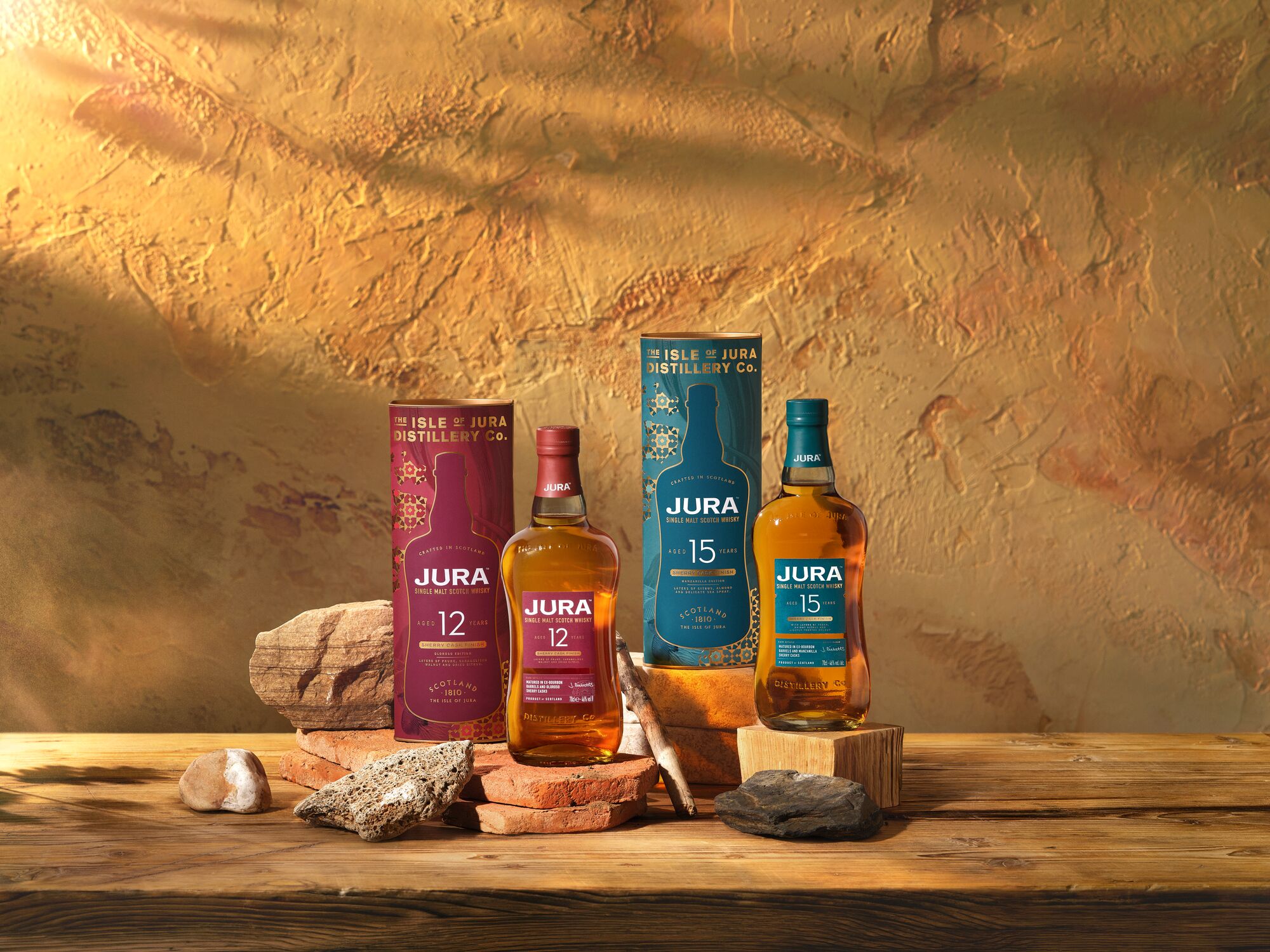 Jura 12 Year Old Oloroso Edition and Jura 15 Year Old Manzanilla Edition bottles with gift tubes, the new Jura Sherry Cask range