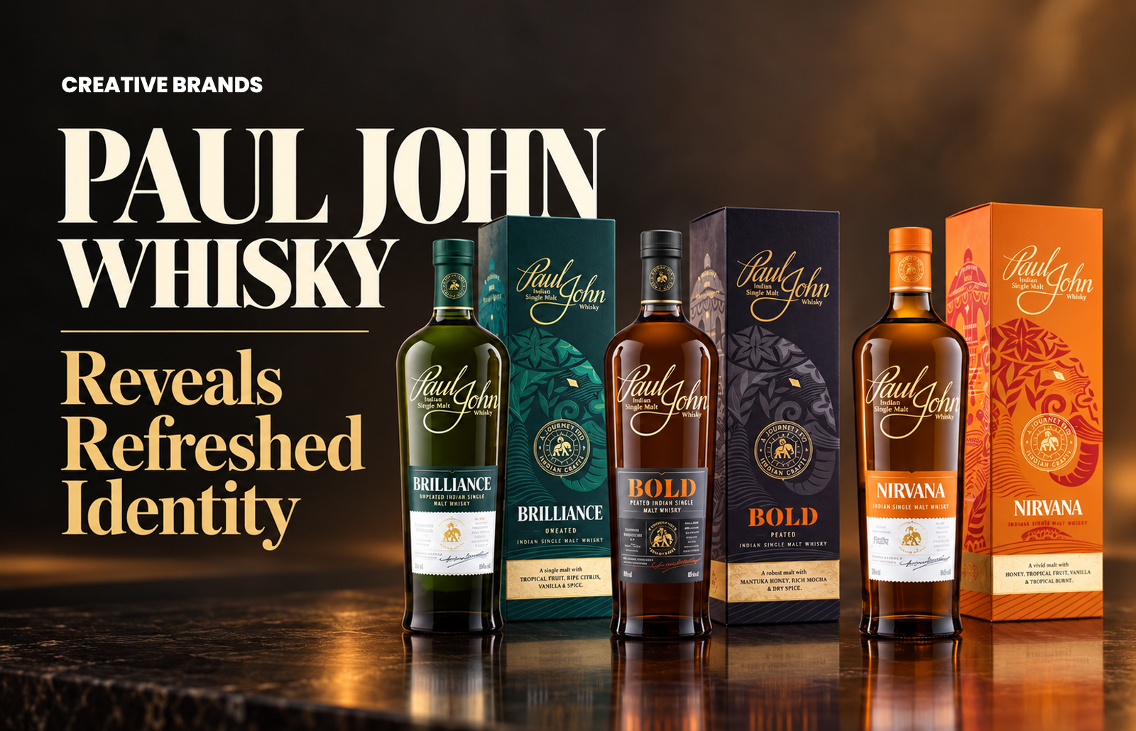 Paul John Whisky new packaging 2026, Brilliance, Bold and Nirvana Indian single malt bottles with boxes