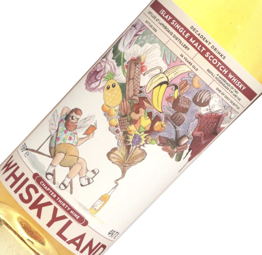 Whiskyland Chapter 39 label detail, Laphroaig 26 years old, a marriage of two refill hogsheads from 1997 and 2000, one of only 120 bottles