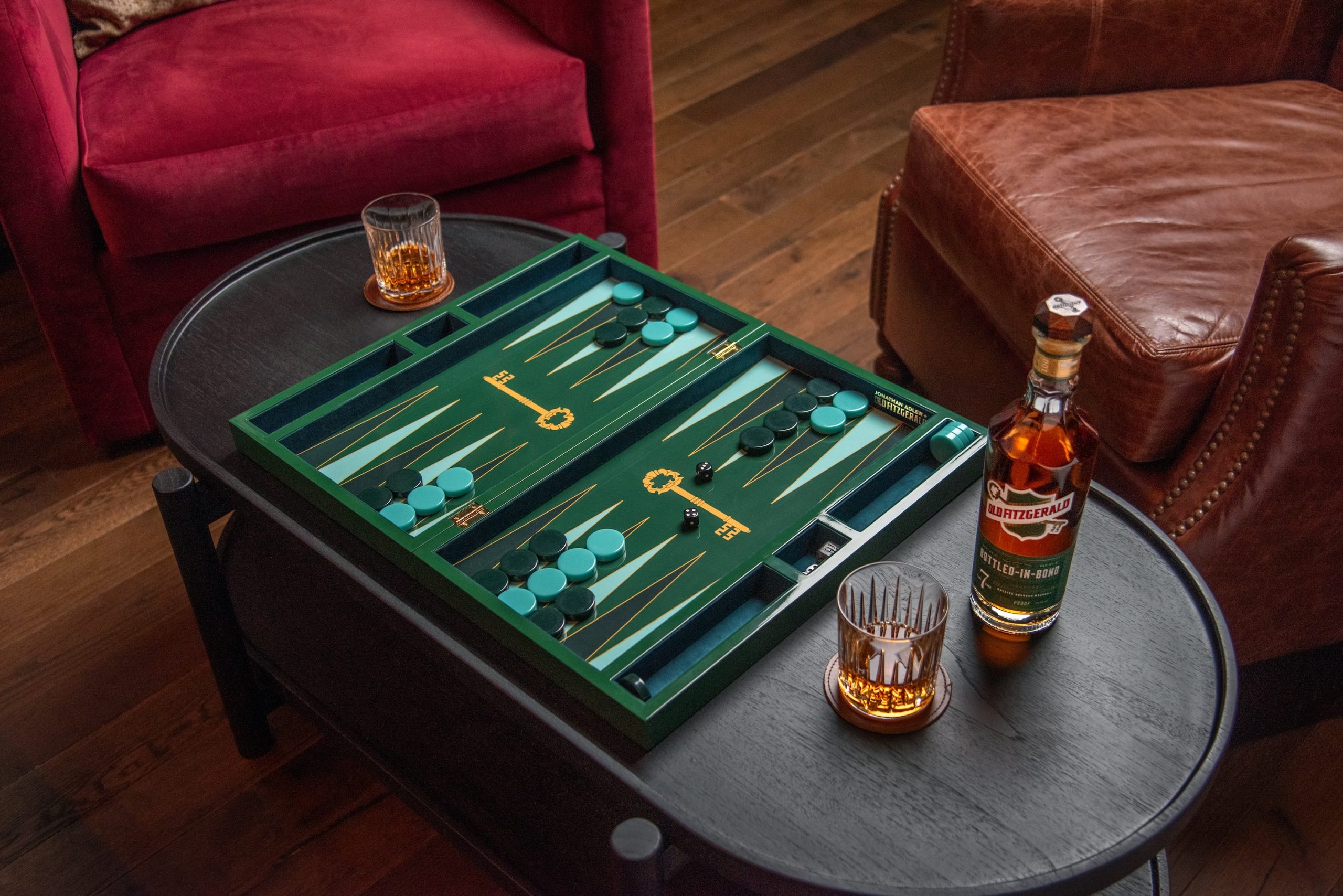 Jonathan Adler x Old Fitzgerald backgammon set, limited edition with green board and brass key motif, Heaven Hill 2026