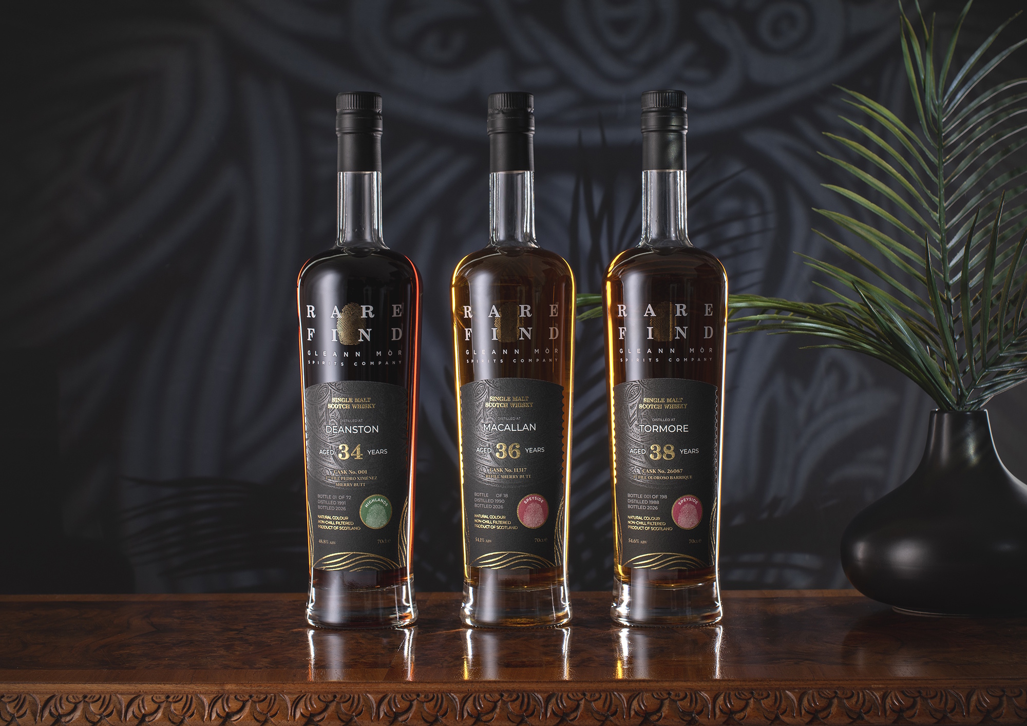Rare Find The Long Game collection: Deanston 34, Macallan 36 and Tormore 38 year old single cask Scotch whisky bottles, 2026