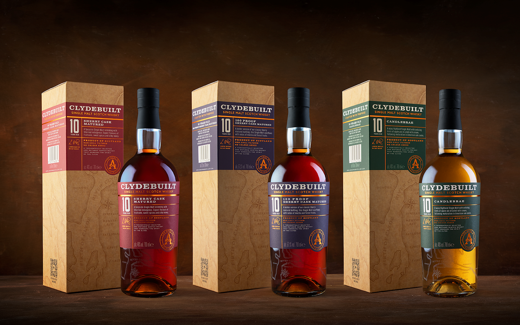 Clydebuilt whisky 10 Years Old range 2026, Sherry Cask Matured, 100 Proof and Candlebrae bottles with gift boxes, Ardgowan Distillery